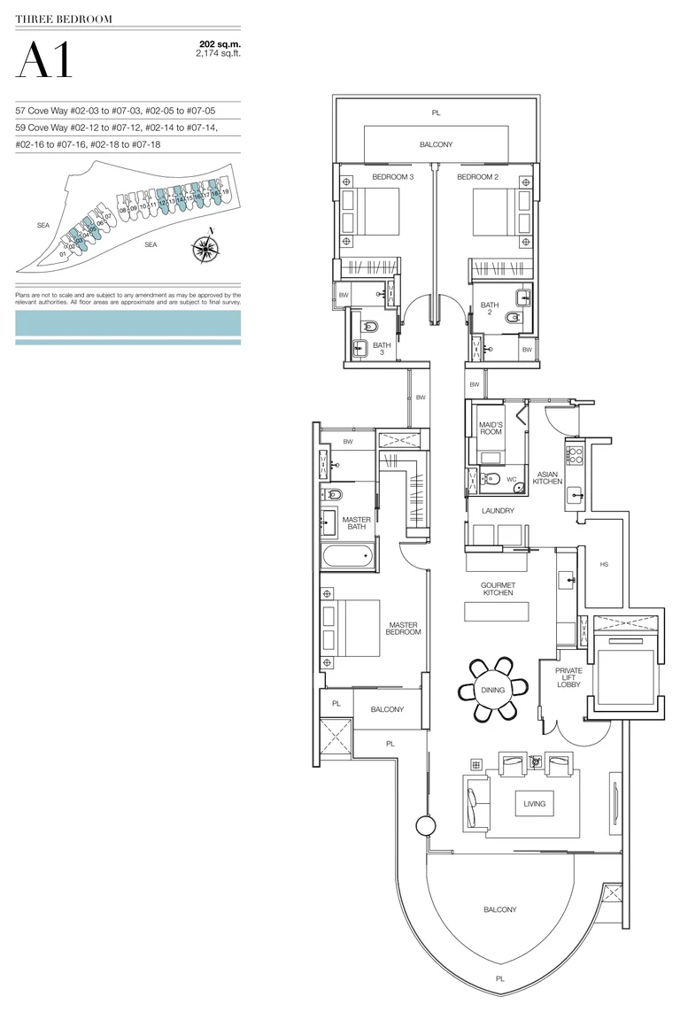 Seascape floor plan, Type A1 (developer drawing with key plan): 3 bedrooms, 202 sq m (2,174 sq ft), 36 homes