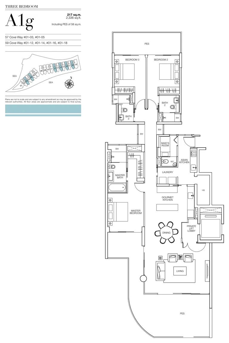 Seascape floor plan, Type A1g (developer drawing with key plan): 3 bedrooms, ground storey with a private enclosed space, 217 sq m (2,336 sq ft), 6 homes