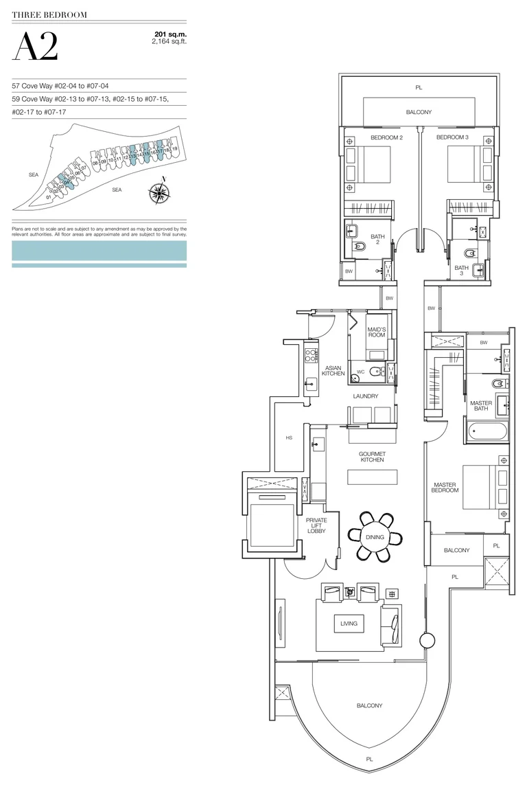 Seascape floor plan, Type A2 (developer drawing with key plan): 3 bedrooms, 201 sq m (2,164 sq ft), 24 homes