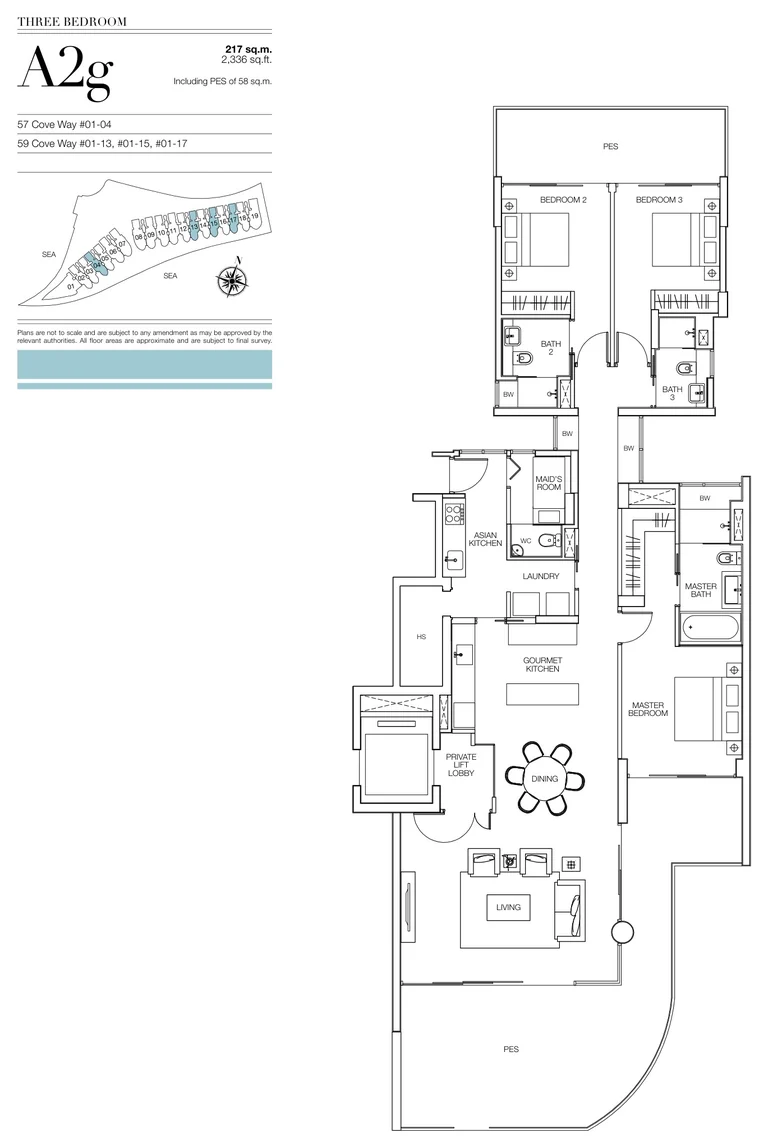 Seascape floor plan, Type A2g (developer drawing with key plan): 3 bedrooms, ground storey with a private enclosed space, 217 sq m (2,336 sq ft), 4 homes