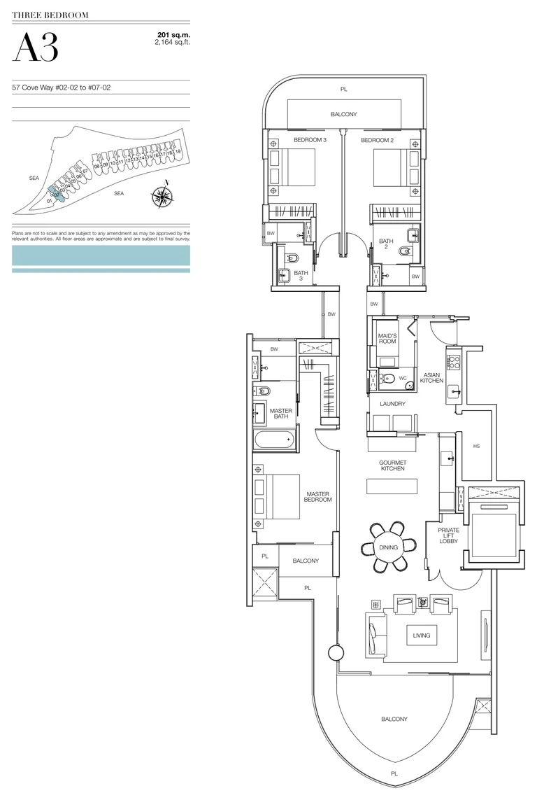 Seascape floor plan, Type A3 (developer drawing with key plan): 3 bedrooms, 201 sq m (2,164 sq ft), 6 homes