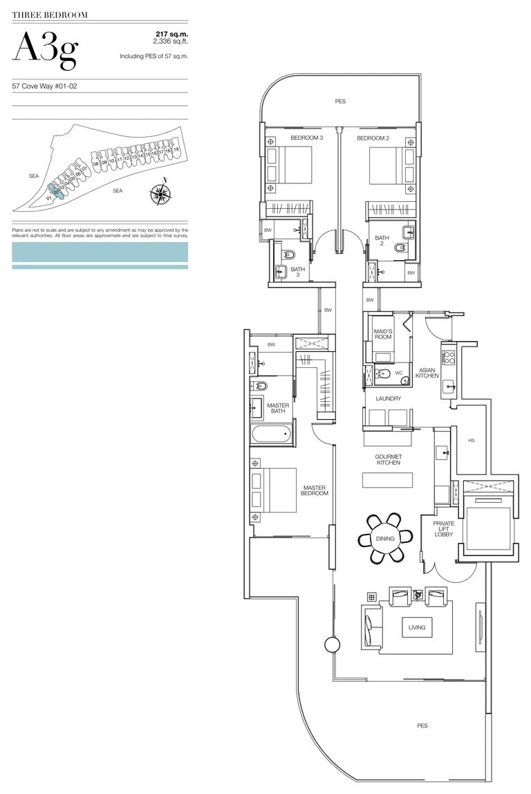Seascape floor plan, Type A3g (developer drawing with key plan): 3 bedrooms, ground storey with a private enclosed space, 217 sq m (2,336 sq ft), 1 home