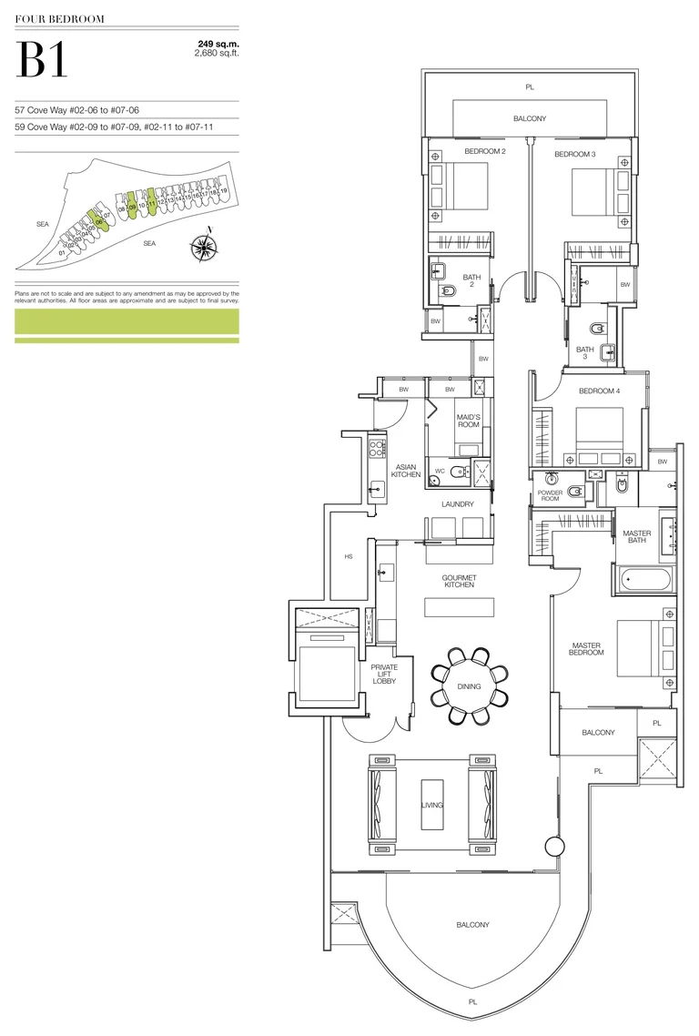 Seascape floor plan, Type B1 (developer drawing with key plan): 4 bedrooms, 249 sq m (2,680 sq ft), 18 homes