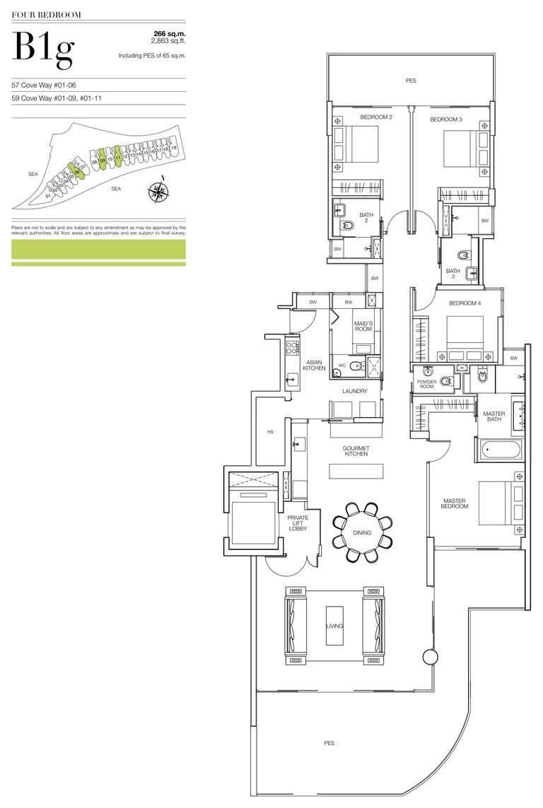 Seascape floor plan, Type B1g (developer drawing with key plan): 4 bedrooms, ground storey with a private enclosed space, 266 sq m (2,863 sq ft), 3 homes