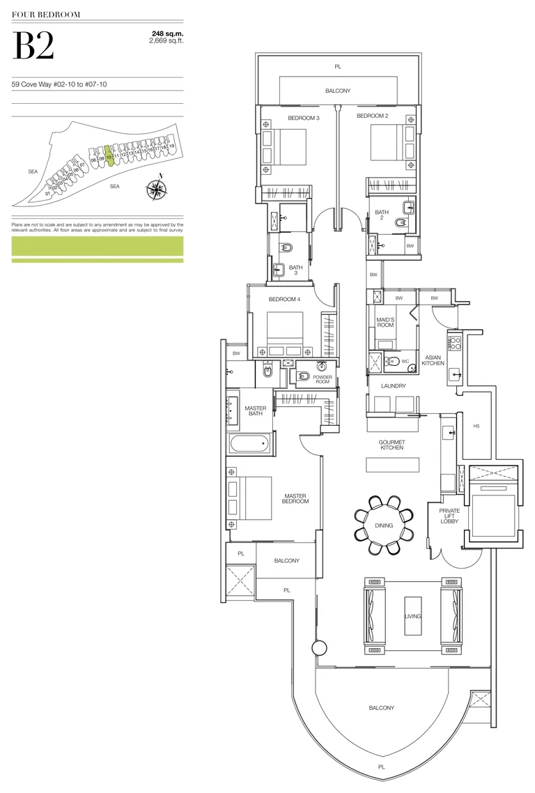 Seascape floor plan, Type B2 (developer drawing with key plan): 4 bedrooms, 248 sq m (2,669 sq ft), 6 homes