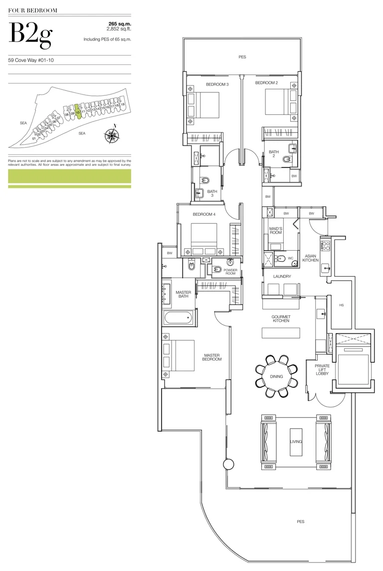 Seascape floor plan, Type B2g (developer drawing with key plan): 4 bedrooms, ground storey with a private enclosed space, 265 sq m (2,852 sq ft), 1 home