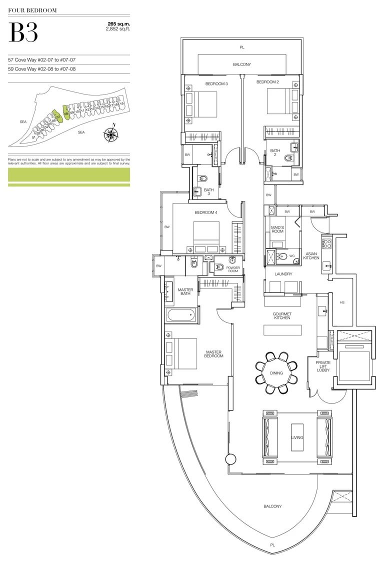 Seascape floor plan, Type B3 (developer drawing with key plan): 4 bedrooms, 265 sq m (2,852 sq ft), 12 homes