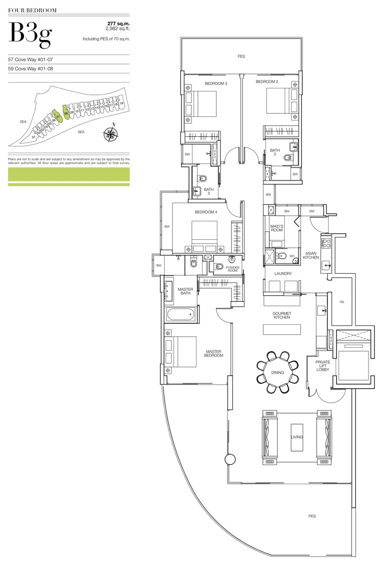Seascape floor plan, Type B3g (developer drawing with key plan): 4 bedrooms, ground storey with a private enclosed space, 277 sq m (2,982 sq ft), 2 homes