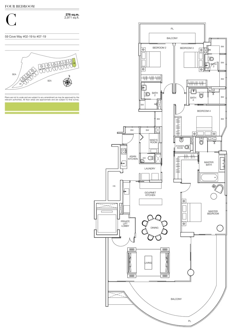 Seascape floor plan, Type C (developer drawing with key plan): 4 bedrooms, 276 sq m (2,971 sq ft), 6 homes