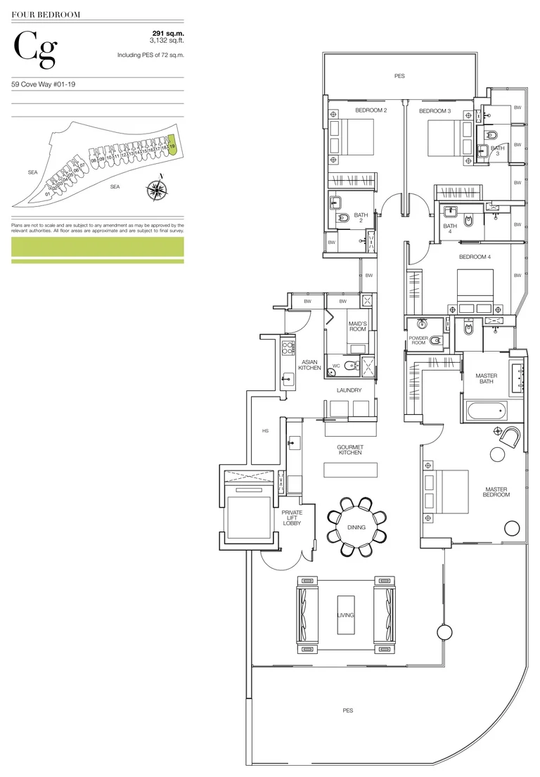Seascape floor plan, Type Cg (developer drawing with key plan): 4 bedrooms, ground storey with a private enclosed space, 291 sq m (3,132 sq ft), 1 home