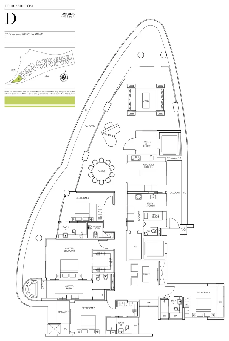 Seascape floor plan, Type D (developer drawing with key plan): 4 bedrooms, at the tip of the site, 378 sq m (4,069 sq ft), 5 homes