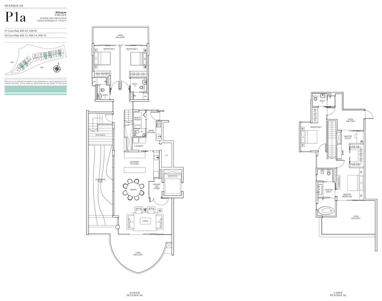 Seascape floor plan, Type P1a (developer drawing with key plan): Penthouse, two levels with a private pool, 314 sq m (3,380 sq ft), 5 homes