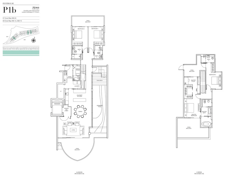 Seascape floor plan, Type P1b (developer drawing with key plan): Penthouse, two levels with a private pool, 314 sq m (3,380 sq ft), 3 homes