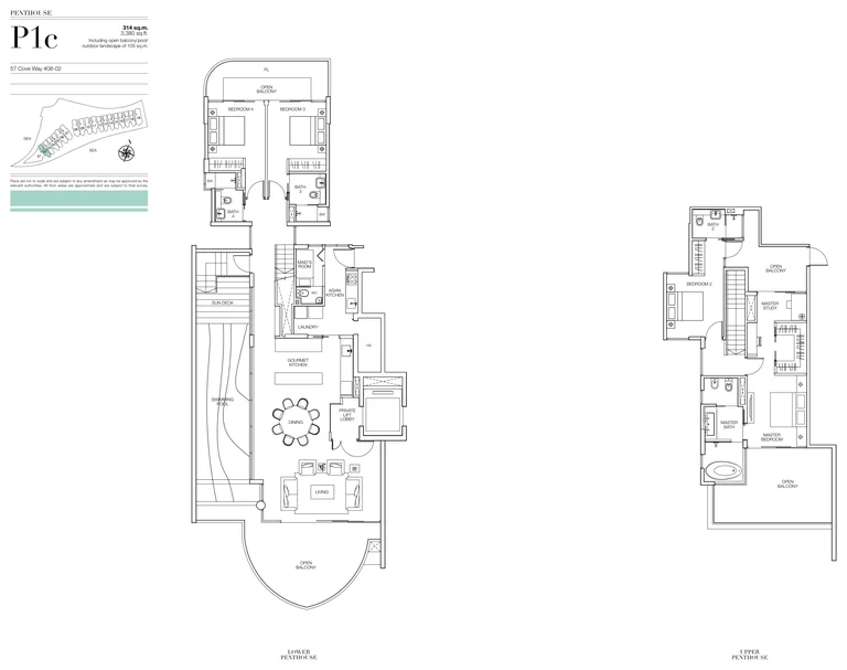 Seascape floor plan, Type P1c (developer drawing with key plan): Penthouse, two levels with a private pool, 314 sq m (3,380 sq ft), 1 home