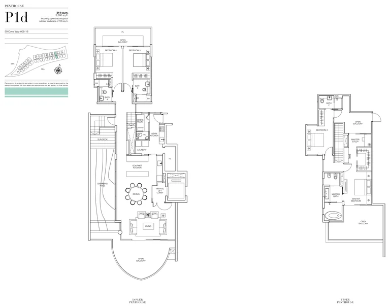 Seascape floor plan, Type P1d (developer drawing with key plan): Penthouse, two levels with a private pool, 314 sq m (3,380 sq ft), 1 home