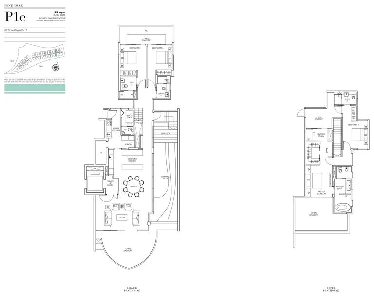 Seascape floor plan, Type P1e (developer drawing with key plan): Penthouse, two levels with a private pool, 314 sq m (3,380 sq ft), 1 home