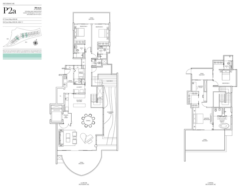 Seascape floor plan, Type P2a (developer drawing with key plan): Penthouse, two levels with a private pool, 384 sq m (4,133 sq ft), 3 homes