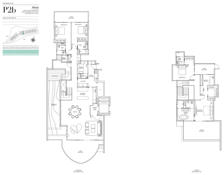 Seascape floor plan, Type P2b (developer drawing with key plan): Penthouse, two levels with a private pool, 383 sq m (4,123 sq ft), 1 home