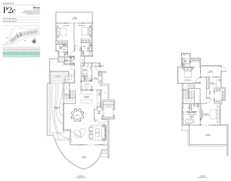 Seascape floor plan, Type P2c (developer drawing with key plan): Penthouse, two levels with a private pool, 394 sq m (4,241 sq ft), 2 homes