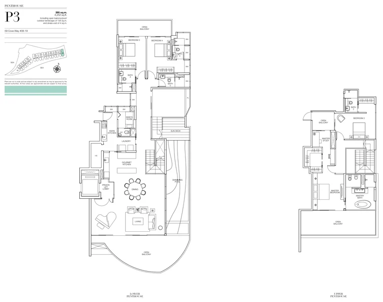 Seascape floor plan, Type P3 (developer drawing with key plan): Penthouse, two levels with a private pool, 395 sq m (4,252 sq ft), 1 home
