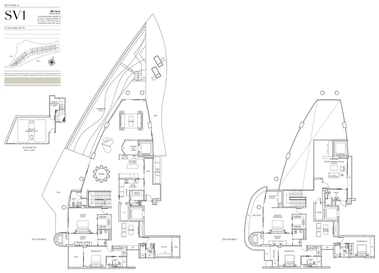 Seascape floor plan, Type SV1 (developer drawing with key plan): Sea Villa, two storeys at the tip of the site, 897 sq m (9,655 sq ft), 1 home