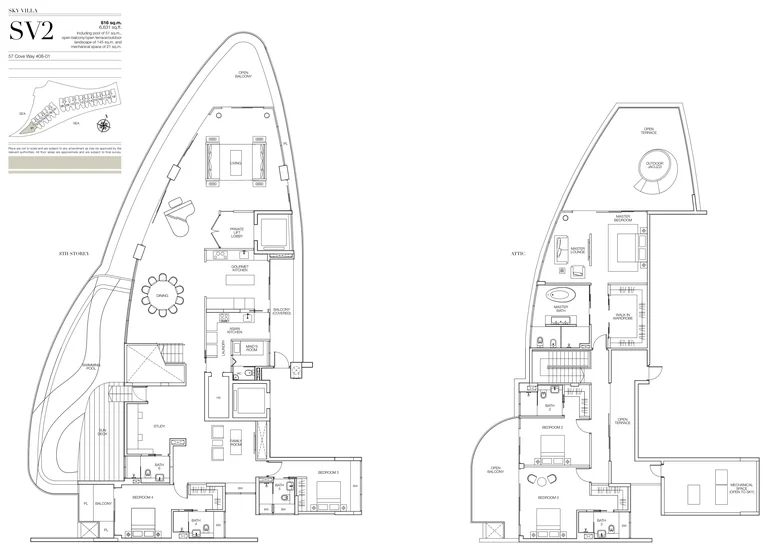 Seascape floor plan, Type SV2 (developer drawing with key plan): Sky Villa, two levels on the attic storey with an outdoor jacuzzi, 616 sq m (6,631 sq ft), 1 home