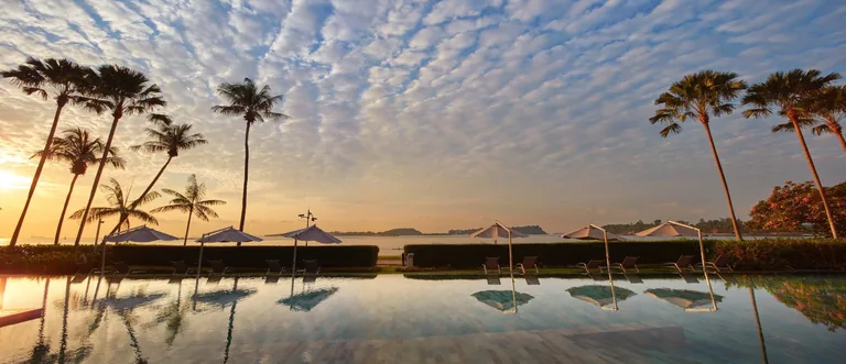 Seascape, photograph: the infinity edge of the pool at sunset, with parasols and coconut palms silhouetted against a sky of mackerel clouds over the sea