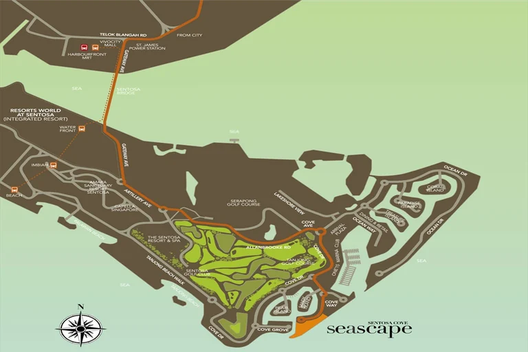 Seascape location map (developer drawing): Sentosa island with the route from HarbourFront and VivoCity over the Sentosa Bridge along Allanbrooke Road to Cove Way, the golf courses, Sentosa Cove and the site at its southern tip