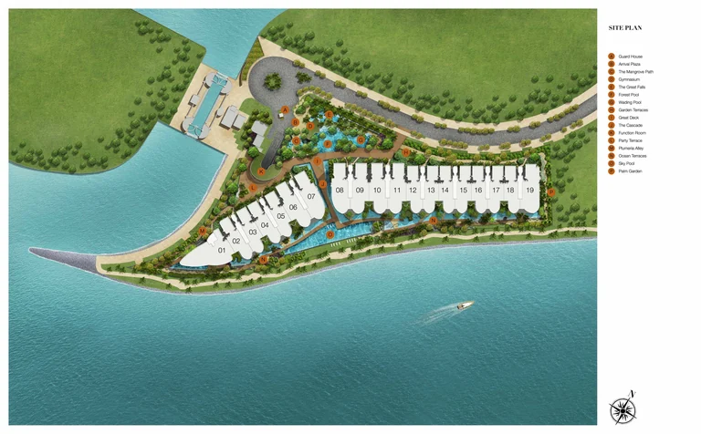 Seascape site plan (developer drawing): the two blocks at 57 and 59 Cove Way, stacks 01 to 19, on the tapering tip of land between the sea and the canal, with the Sky Pool, Forest Pool, Great Deck and the lettered facilities legend